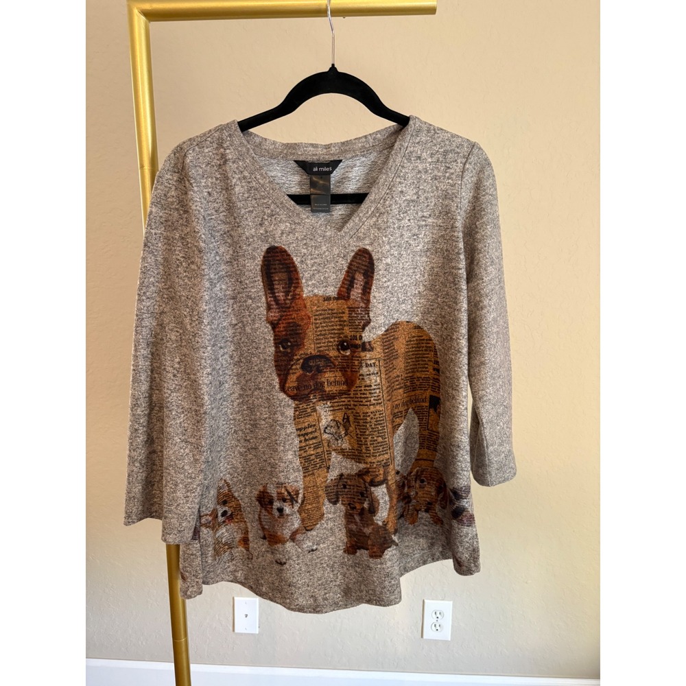 Ali Miles Womens Top Gray French Bulldog Puppy Newspaper Print S Artsy Casual